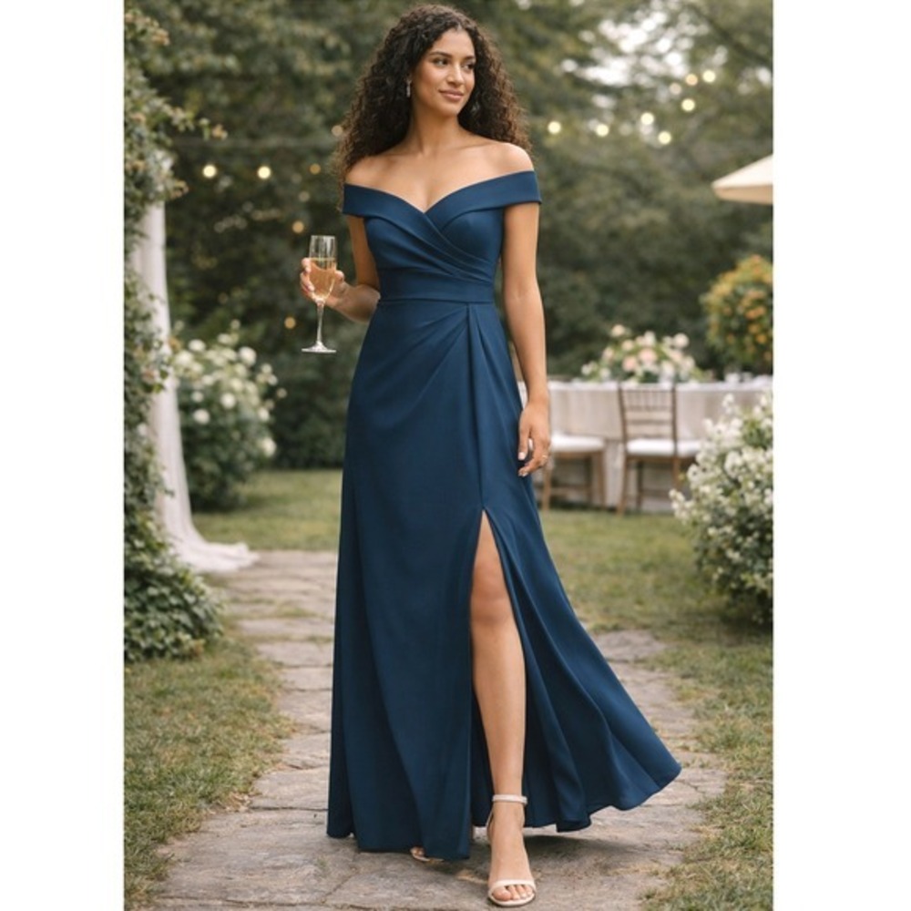 After Six 6872 Off Shoulder Faux Wrap Maxi Dress Atlantic Blue‎ Gown Size 12 NWT
